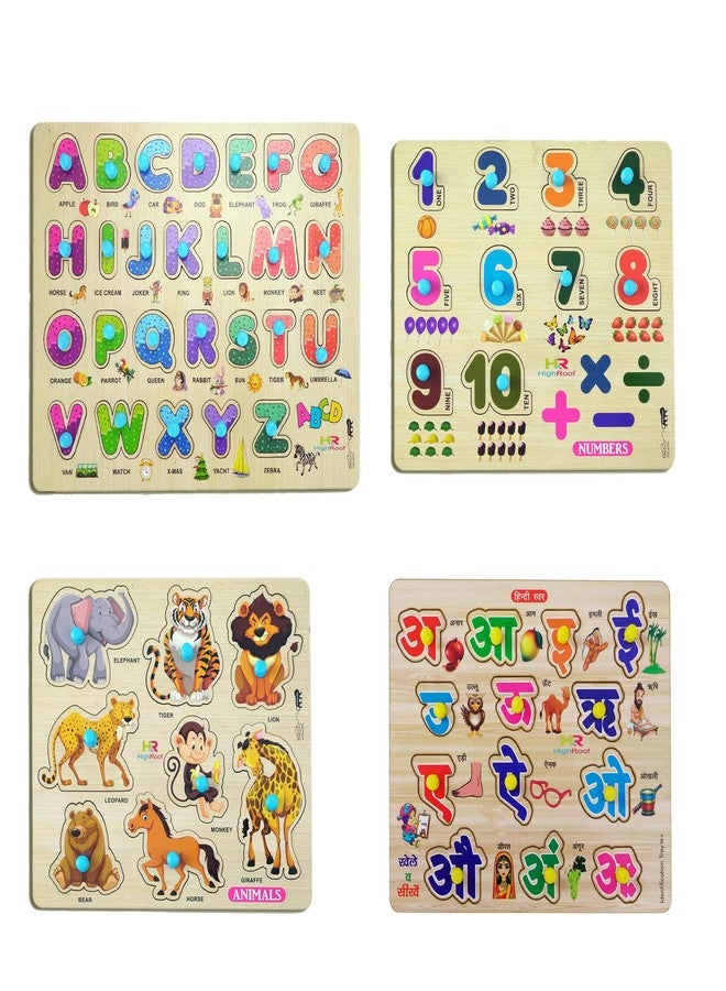 HIGHROOF® Kids Fort Nursery Educational Jigsaw Puzzles for Adults Kids Learning Toys Kit Board Game 4 pcs Set of ABCD Alphabets Numbers Animals & Hindi Letters Educational Toy - Image 1